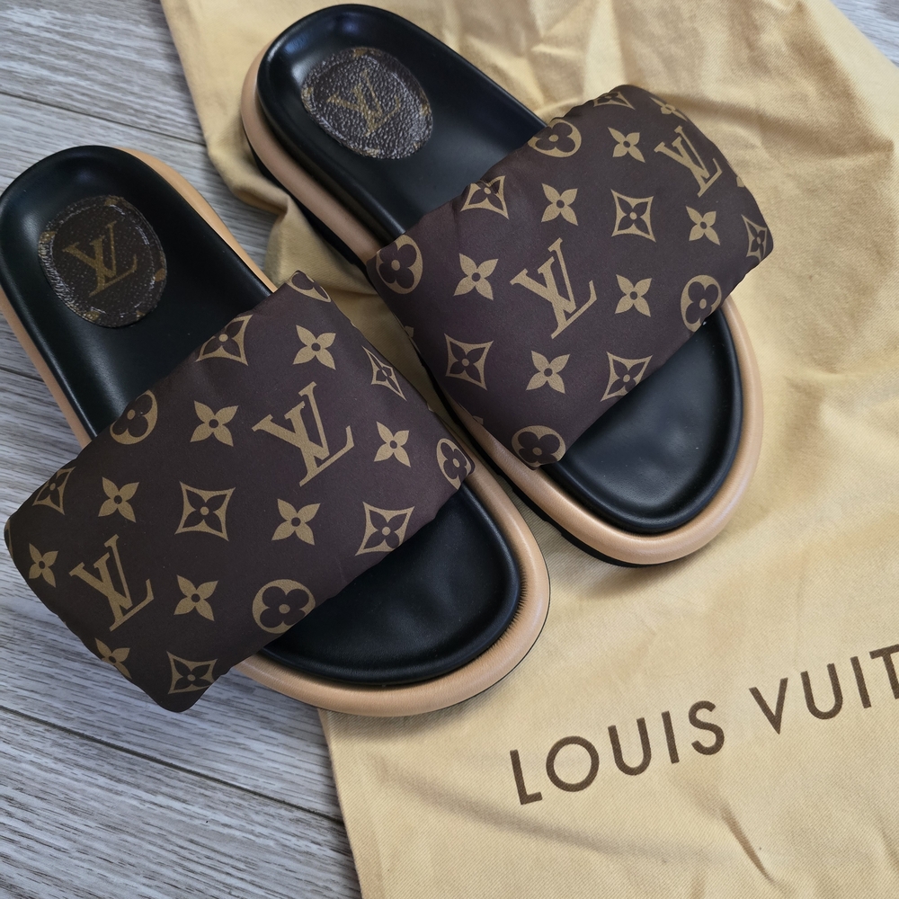 Louis Vuitton Brown and Gold Slide Sandals